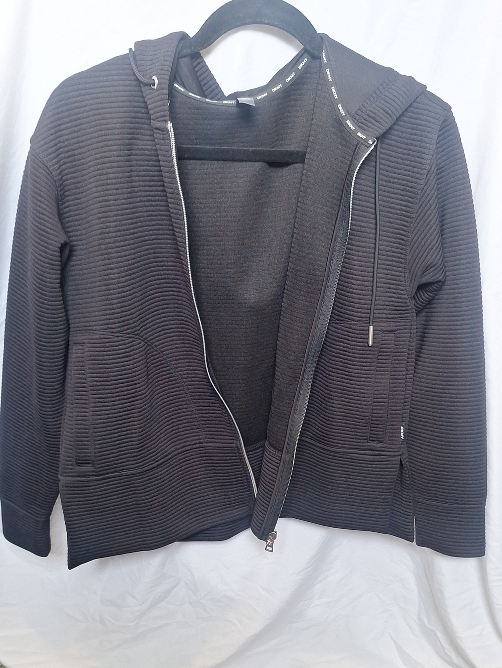 DKNY Black Ribbed Hooded Zip-Up Jacket